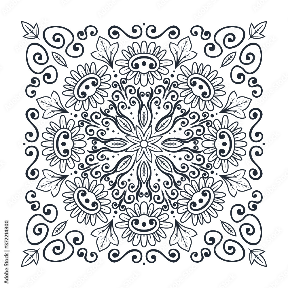 Ornament of swirling lines, silhouettes flowers and central flower star.  Print for the cover of the book, postcards, t-shirts. Illustration for rugs.