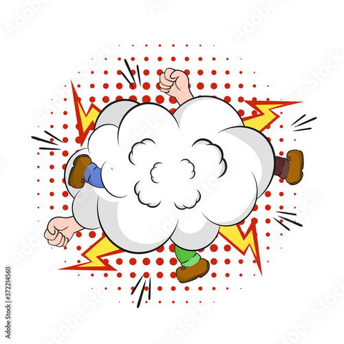 Fight in cloud of smoke. Comic fierce battle hands and feet peeking out of ball of dust expression of collision and cartoon conflict explosive vintage vector bubble.