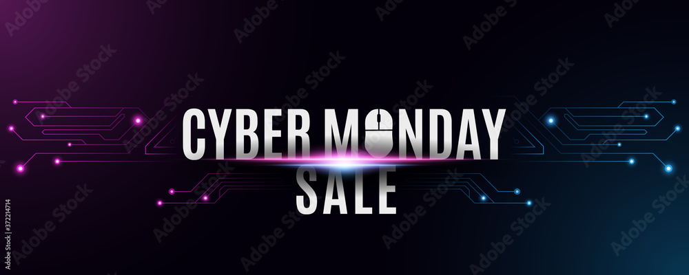 Cyber monday sale banner. Futuristic high tech background from a circuit motherboard. Computer mouse and text. Neon blue and purple connecting lines with lights. Vector illustration. Cyber monday sale banner. Futuristic high tech background from a circuit motherboard. Computer mouse and text. Neon blue and purple connecting lines with lights. Vector illustration.