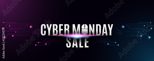 Cyber monday sale banner. Futuristic high tech background from a circuit motherboard. Computer mouse and text. Neon blue and purple connecting lines with lights. Vector illustration.