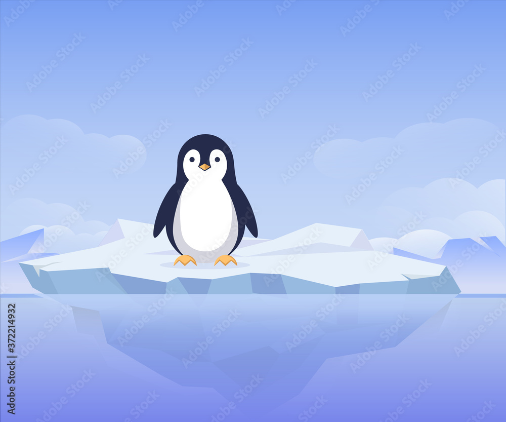Naklejka premium Penguin on an ice floe. Cute arctic bird happily stands on an iceberg natural ice and inhabitants of Antarctica protection and preservation of environment from vector global warming.