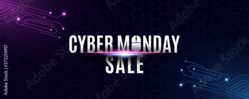 Cyber monday sale banner. High tech background from a circuit motherboard. Computer mouse and text. Neon blue and purple connecting lines with lights and honeycomb pattern. Vector illustration.