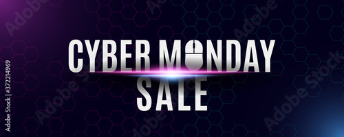 Cyber monday sale banner. High tech background from a honeycomb pattern. Special store offer. Computer mouse and text. Purple and blue lights. Vector illustration.