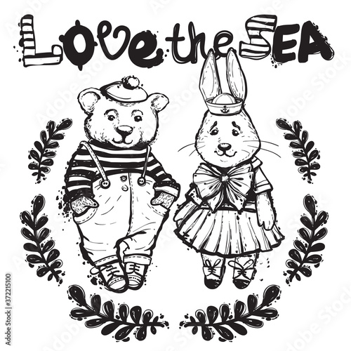 Love the sea. Hand drawn sailor animals coloring book characters and accessories. Bear boy and bunny girl with marine anchors.