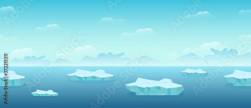 Floating ice floes in sea. Blocks of ice floating from arctic cold compressed snow global climate warming northern water landscape huge white polygon on blue background vector water.