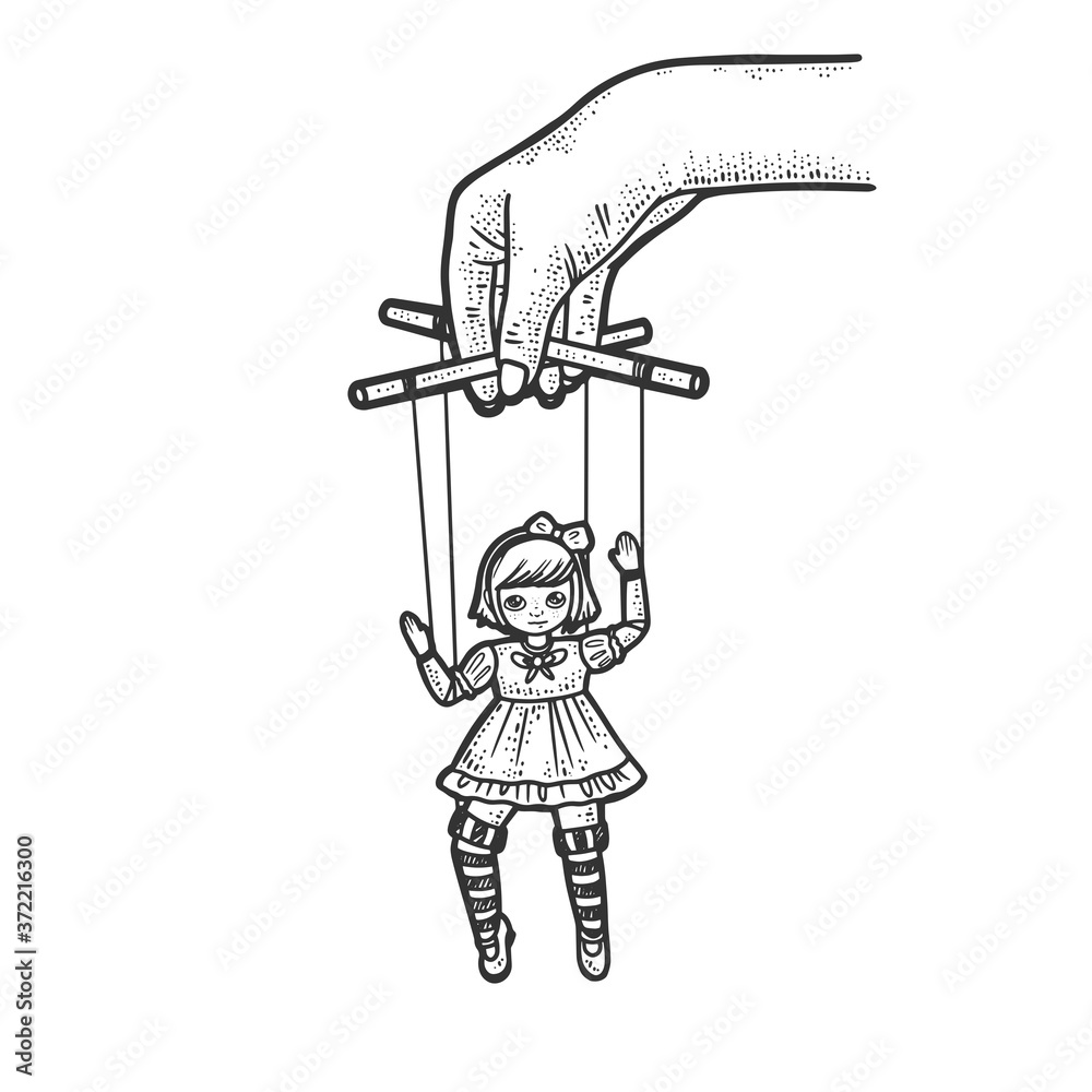 puppeteer with puppet doll sketch engraving vector illustration. T ...