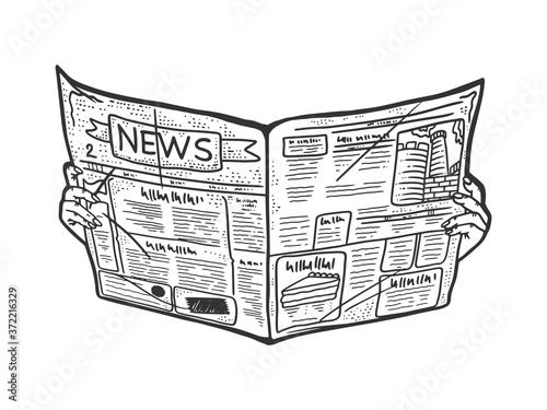 Newspaper in hands sketch engraving vector illustration. T-shirt apparel print design. Scratch board imitation. Black and white hand drawn image.