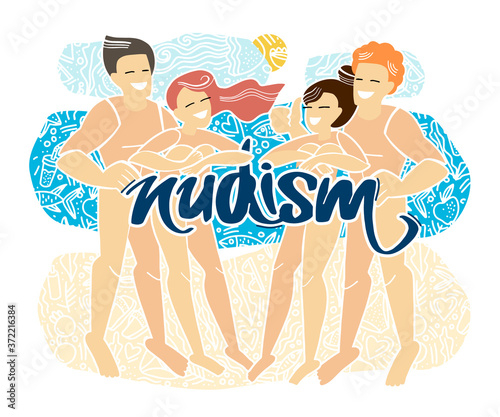 Nudist beach. Nude people relax on a nudist beach. Rest naked. Handwritten inscription Nudism. Doodle style. Flat vector illustration.