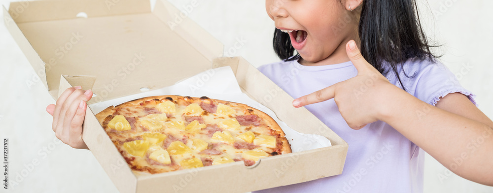 girl recommend eat this delicious pizza!, happy hard working food distributor holds opened box with appetizing pizza, delivers in time, courier delivers appetizing fast food in cardboard container.