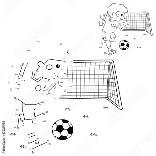 Numbers game for kids. Coloring Page Outline Of A Cartoon Boy with a soccer ball and football goal. Coloring book for children.