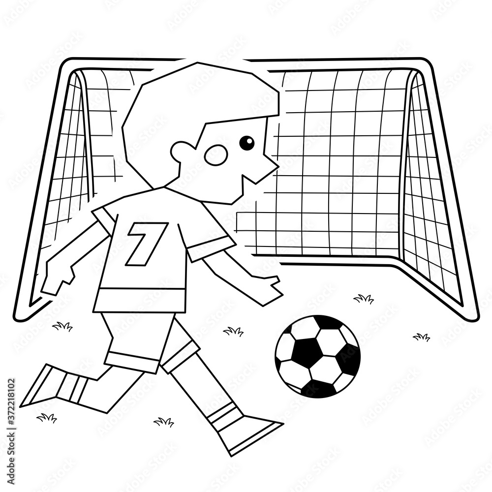 Coloring Page Outline Of a Cartoon Boy with a soccer ball and football