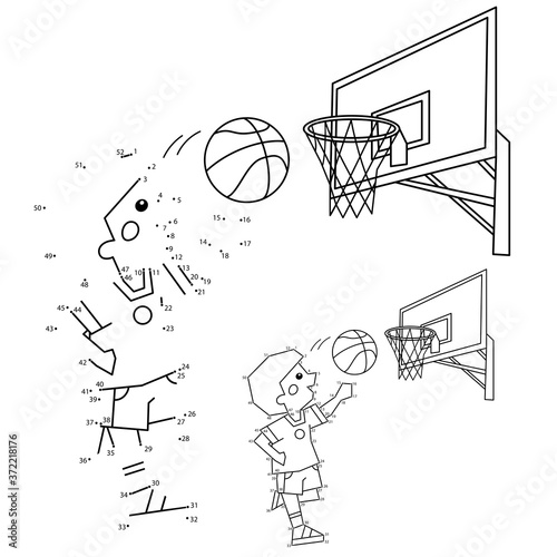 Numbers game for kids. Coloring Page Outline Of a Cartoon Boy playing basketball. Coloring book for children.