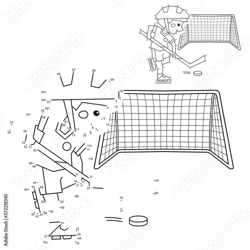 Numbers game for kids. Coloring Page Outline Of cartoon boy playing hockey. Coloring book for children.