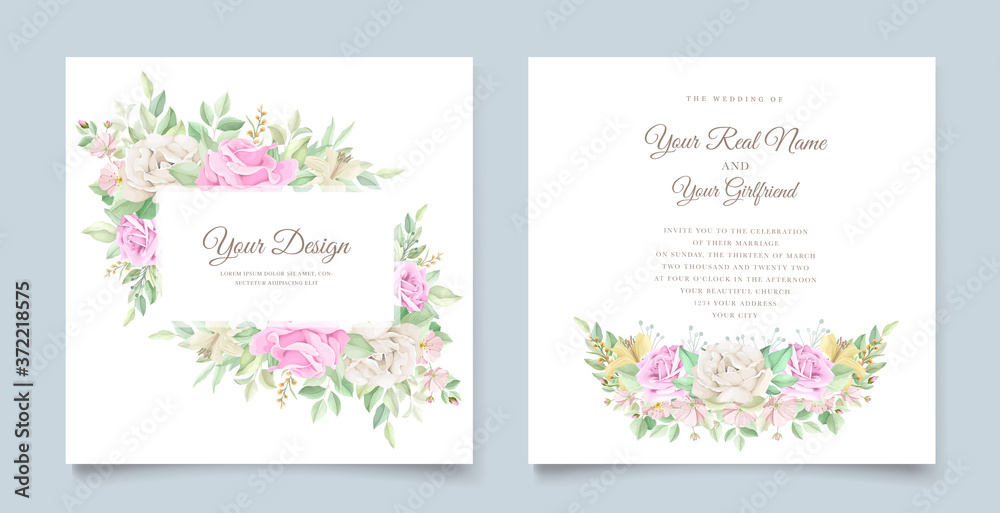 beautiful soft floral and leaves wedding invitation card set