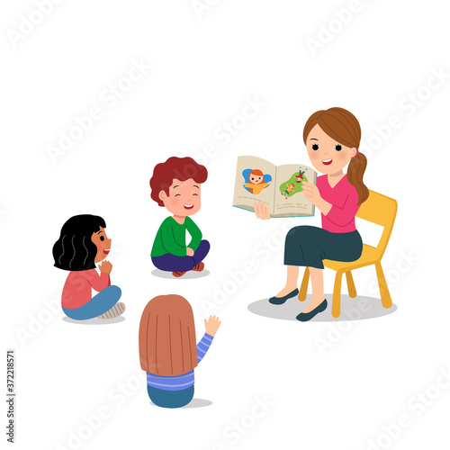 Female teacher doing story telling to kindergarten children. Group activity at school or day care. World teacher's day. Flat vector isolated on white.