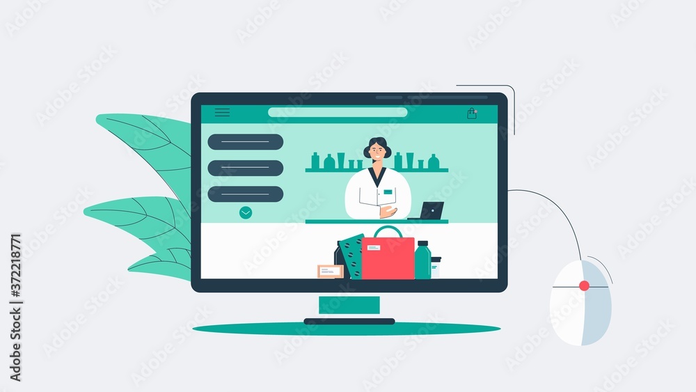Online pharmacy store. Web purchases and patient consultations with modern drug store website treatment of diseases and taking medications receiving pills injections without leaving vector house. Online pharmacy store. Web purchases and patient consultations with modern drug store website treatment of diseases and taking medications receiving pills injections without leaving vector house.