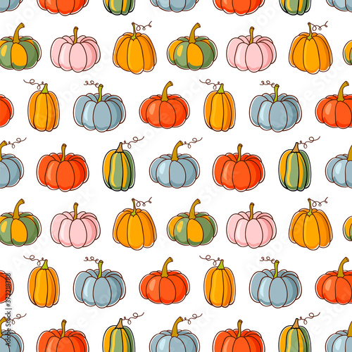 Seamless vector pattern with pumpkins, gourd and squash in vivid colors palette.