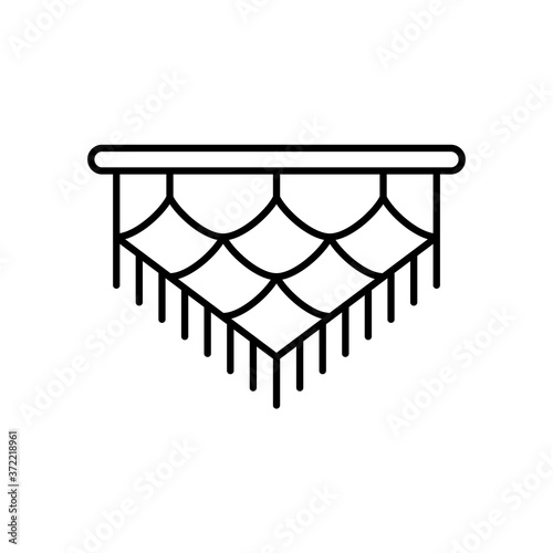 Macrame. Linear icon of art of knotting cord or string in patterns. Kind of needlework and hobby. Black illustration of decorative panel for home decor. Contour isolated vector, white background