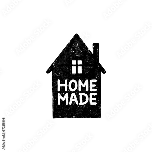 Homemade icon or logo. Vintage stamp icon with cute house silhouette and home made lettering