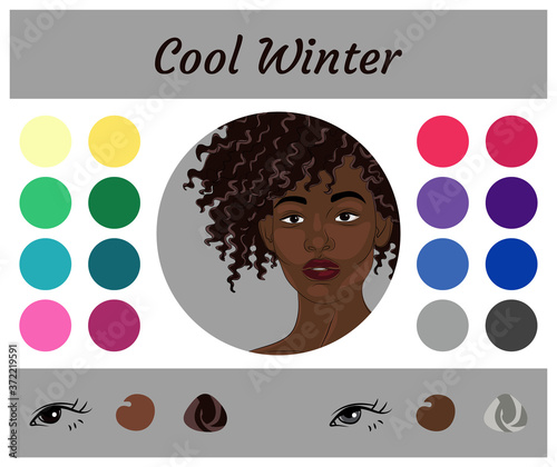 Stock vector seasonal color analysis palette for cool winter. Best colors for cool winter type of female appearance. Face of young african american woman