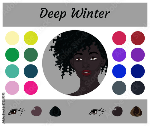 Stock vector seasonal color analysis palette for deep winter. Best colors for deep winter type of female appearance. Face of young african american woman