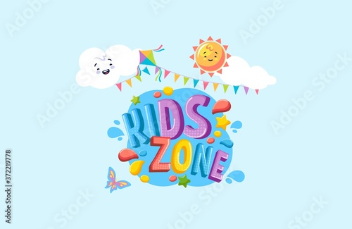 Kids zone play banner. Playground for children with games and cartoons colorful happy place of leisure bright logo playroom fun entertainment for very vector young.