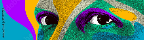 Looking eyes 8 bit dotted design style vector abstraction, human face stylized design element, with colorful splats.