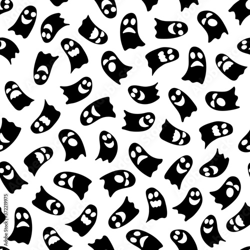 Cute cartoon ghosts seamless pattern. Hand drawn black spirits on white background for Halloween decoration wrapping scrapbooking paper. Stock vector flat illustration.