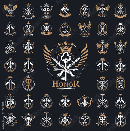 Weapon logos big vector set, vintage heraldic military emblems collection, classic style heraldry design elements, ancient knives spears and axes symbols.