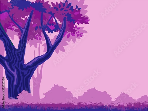 Mystical purple forest template. Pink fog mysterious dark blue trees with red foliage magical space silhouettes of distant thickets impenetrable vector thicket closed by magic for thousands years.
