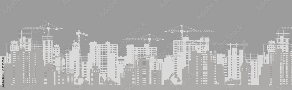 Development and building of urban silhouette. Construction of business centers and skyscrapers in new city quarter high rise cranes and equipment vector against.