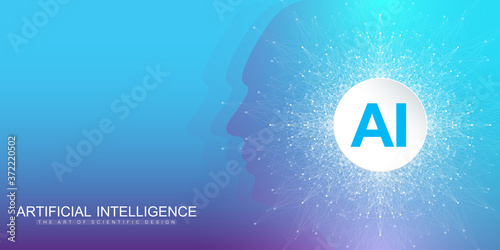Artificial Intelligence and Machine Learning Vector Concept in Neural Network. AI Web Banner Design with Human Face. Wave Flow Communication. Digital Network for Artificial Intelligence Deep Learning.