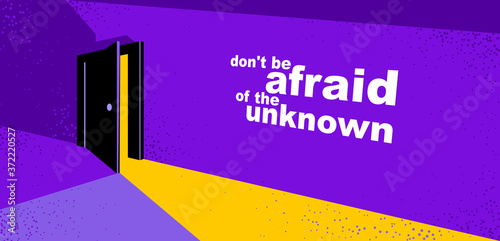Half open door from the dark room, fear of the unknown vector concept illustration, bedroom scary nightmare theme.