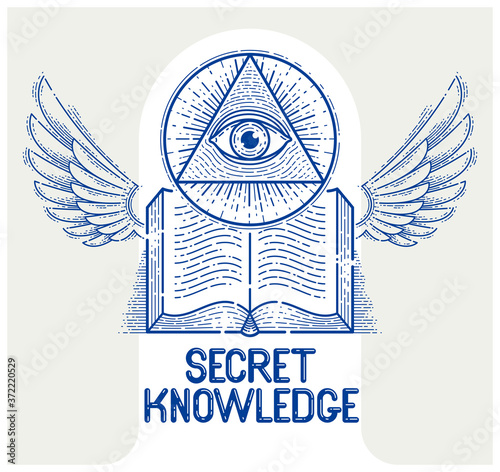 Secret knowledge vintage open winged book with all seeing eye of god in sacred geometry triangle, masonry or illuminati symbol, vector logo or emblem design element.
