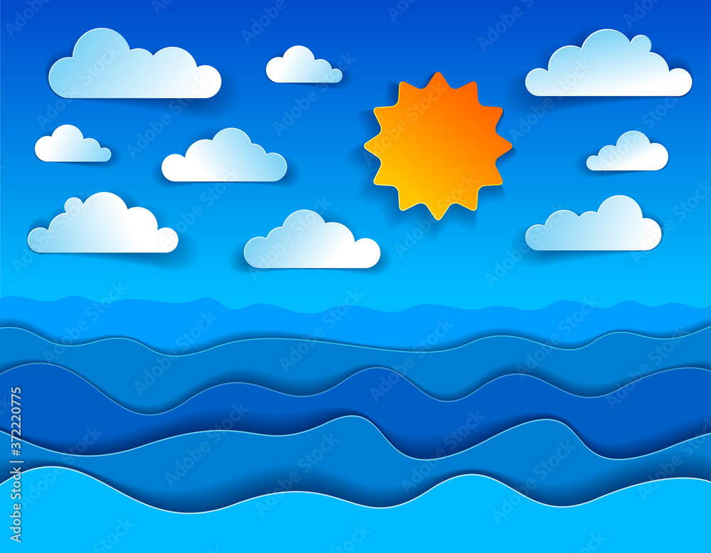 Beautiful seascape in paper cut style, curvy lines of waves and clouds in the sky, perfect modern vector illustration. Beautiful seascape in paper cut style, curvy lines of waves and clouds in the sky, perfect modern vector illustration.