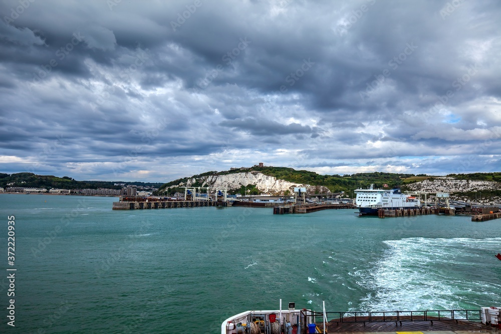 View of Dover port from the ferry to Dunkirk. Great Britain.