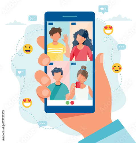 Group call with friends, video conference. Hand holding smartphone. illustration in flat style