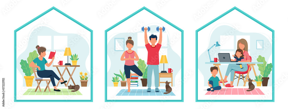 Stay home concept. People doing sport, reading, working from home in cozy modern interior. illustration in flat style
