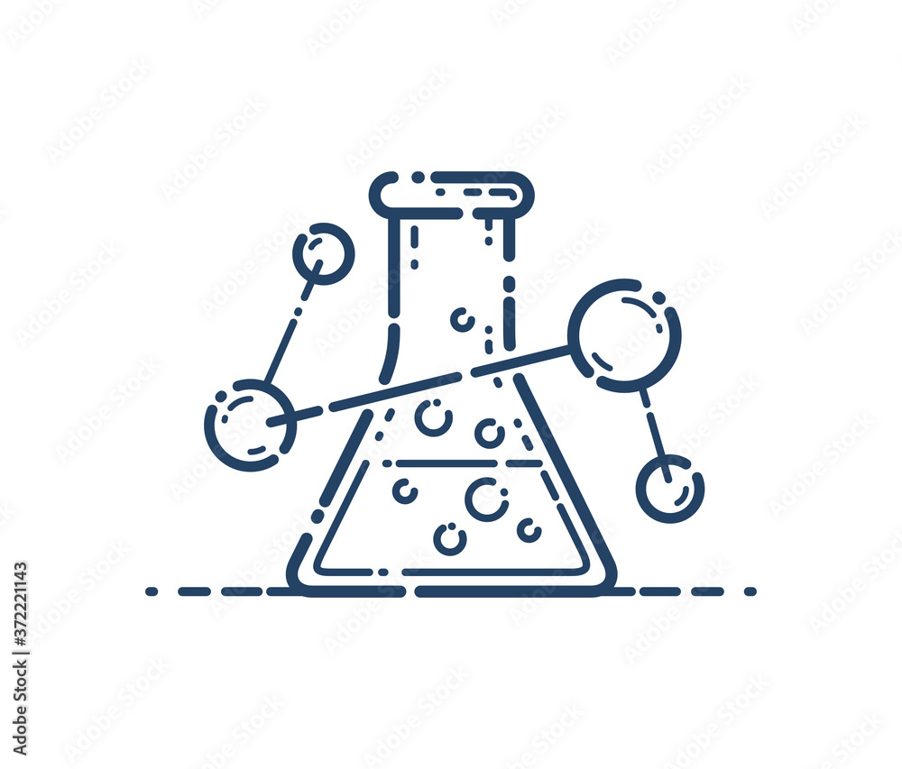 Chemical flask and molecule connections vector simple linear icon, science chemistry line art symbol, laboratory research. Chemical flask and molecule connections vector simple linear icon, science chemistry line art symbol, laboratory research.