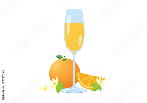 Mimosa drink with orange fruit icon vector. Glass of champagne with orange juice vector illustration. Champagne with orange vector. Mimosa drink icon isolated on a white background. Alcoholic cocktail