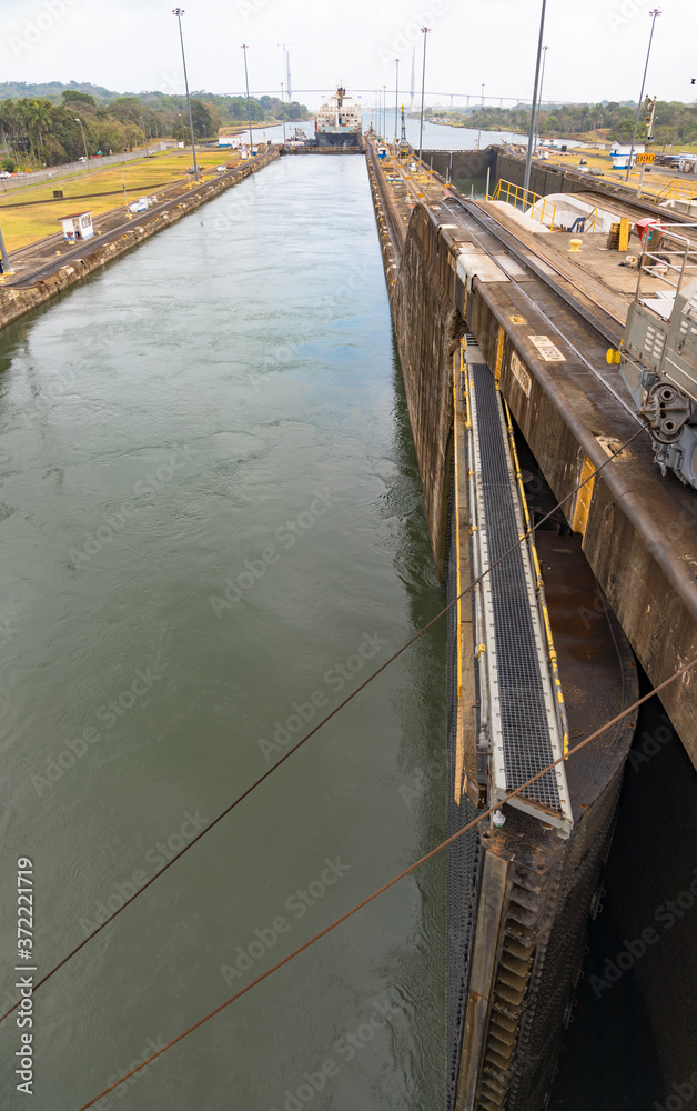 Views of the northernmost of the Gatun Locks of the Panama Canal, Panama