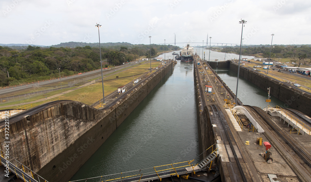 Views of the northernmost of the Gatun Locks of the Panama Canal, Panama