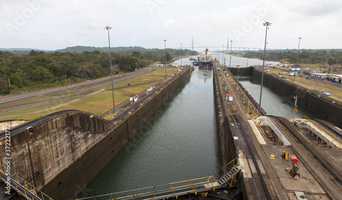 Views of the northernmost of the Gatun Locks of the Panama Canal, Panama