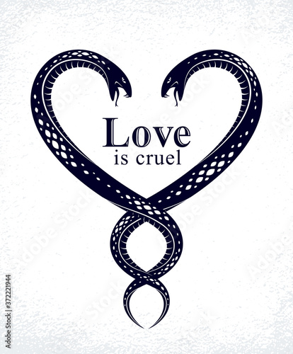 Quarrels in relations concept, two Snakes in a shape of heart, love is cruel, lovers couple arguing, vector logo emblem or tattoo in vintage classic style.