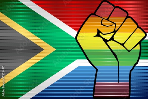 Shiny LGBT Protest Fist on a South Africa Flag - Illustration, 
Abstract grunge South Africa Flag and LGBT flag