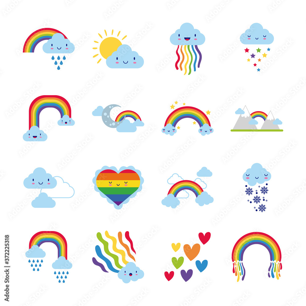 bundle of sixteen rainbows and kawaii characters