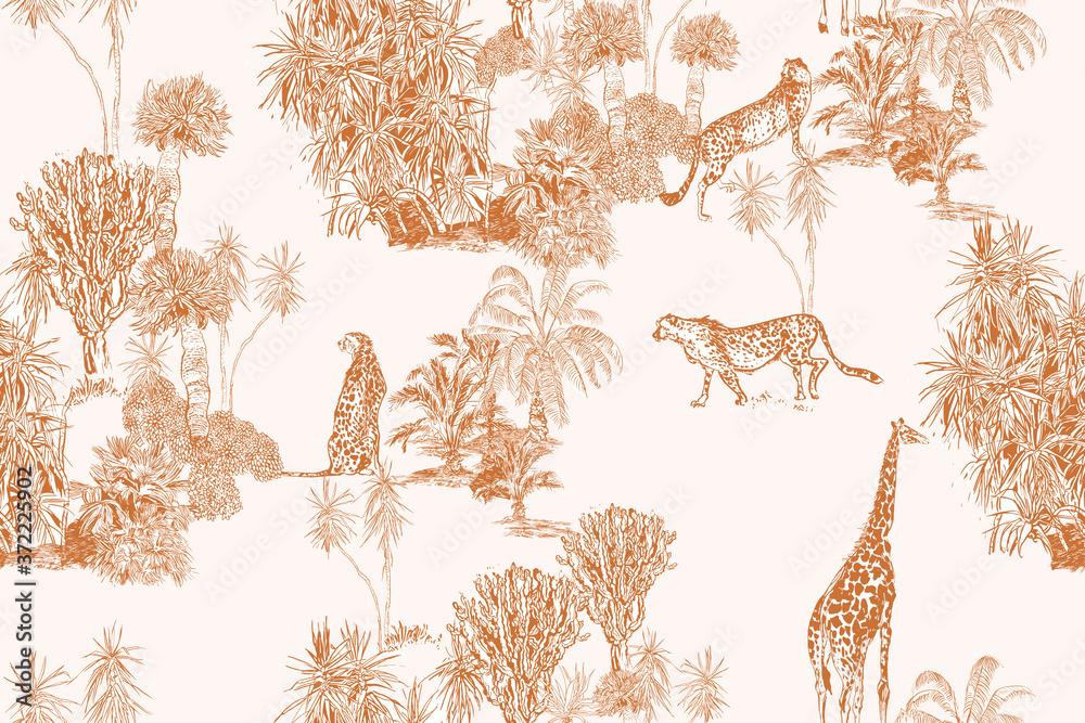 Safari Wildlife Cheetah, Giraffe in Exotic African Plants Engraving Doodle Drawing, Tropical Wallpaper Mural Toile Seamless Pattern - obrazy, fototapety, plakaty 