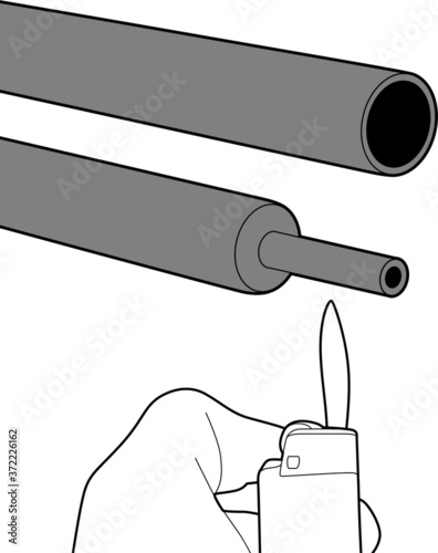 Professional vector illustration of Heat shrink - Line Drawing, Black and White, Cable management