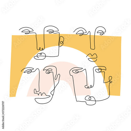 Set of five abstract face one line drawing. Portrait minimalistic style. Fine one line drawing abstract face. One line drawing abstract faces. Modern continuous line art
