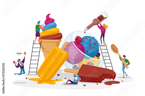 Tiny Characters on Ladders Decorate Ice Cream. Summer Time Food, Delicious Sweet Dessert, Cold Meal. Cartoon People